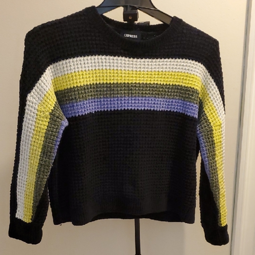 Express Women's XS Black Stripe Chenille Cozy Knit Retro 70s Crop Sweater
